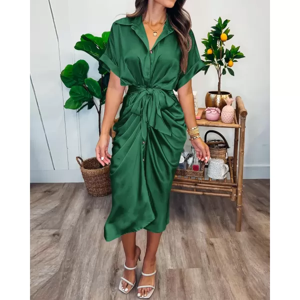 BTFBM 2024 Women Button Down Ruched Shirt Dresses Short Sleeve Lapel V Neck Elegant Party Spring Summer Maxi Satin DressShort Sleeve Deep Green