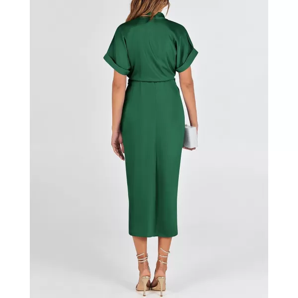 BTFBM 2024 Women Button Down Ruched Shirt Dresses Short Sleeve Lapel V Neck Elegant Party Spring Summer Maxi Satin DressShort Sleeve Deep Green