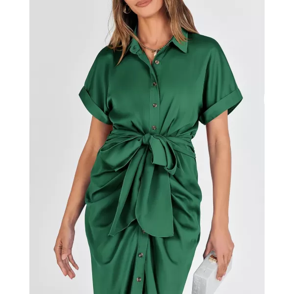 BTFBM 2024 Women Button Down Ruched Shirt Dresses Short Sleeve Lapel V Neck Elegant Party Spring Summer Maxi Satin DressShort Sleeve Deep Green