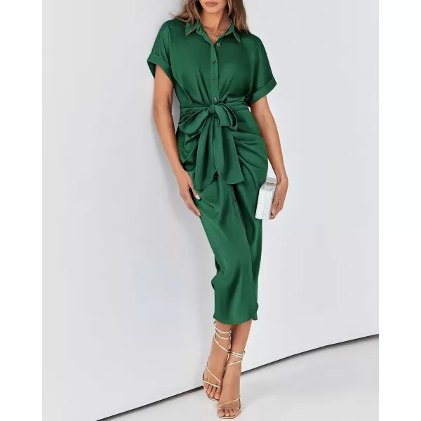 BTFBM 2024 Women Button Down Ruched Shirt Dresses Short Sleeve Lapel V Neck Elegant Party Spring Summer Maxi Satin DressShort Sleeve Deep Green