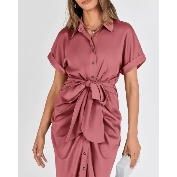 BTFBM 2024 Women Button Down Ruched Shirt Dresses Short Sleeve Lapel V Neck Elegant Party Spring Summer Maxi Satin DressShort Sleeve Dusty Pink