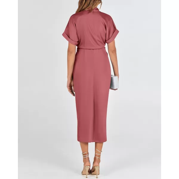 BTFBM 2024 Women Button Down Ruched Shirt Dresses Short Sleeve Lapel V Neck Elegant Party Spring Summer Maxi Satin DressShort Sleeve Dusty Pink