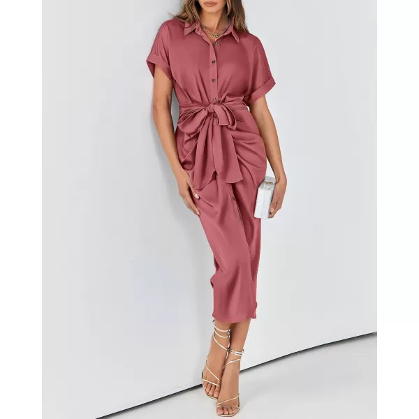 BTFBM 2024 Women Button Down Ruched Shirt Dresses Short Sleeve Lapel V Neck Elegant Party Spring Summer Maxi Satin DressShort Sleeve Dusty Pink