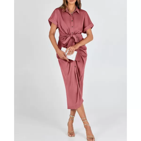 BTFBM 2024 Women Button Down Ruched Shirt Dresses Short Sleeve Lapel V Neck Elegant Party Spring Summer Maxi Satin DressShort Sleeve Dusty Pink