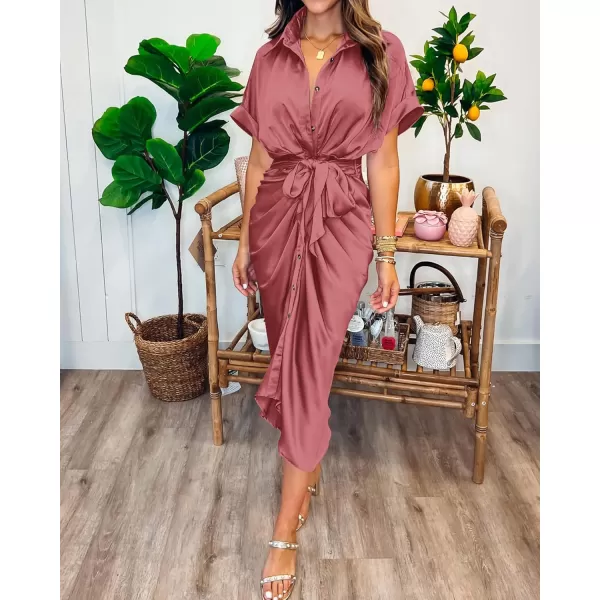 BTFBM 2024 Women Button Down Ruched Shirt Dresses Short Sleeve Lapel V Neck Elegant Party Spring Summer Maxi Satin DressShort Sleeve Dusty Pink