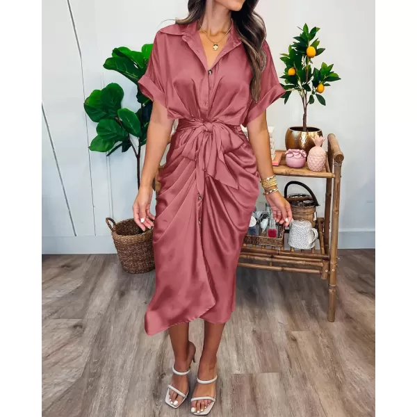 BTFBM 2024 Women Button Down Ruched Shirt Dresses Short Sleeve Lapel V Neck Elegant Party Spring Summer Maxi Satin DressShort Sleeve Dusty Pink