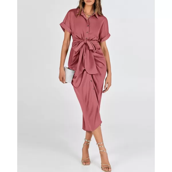 BTFBM 2024 Women Button Down Ruched Shirt Dresses Short Sleeve Lapel V Neck Elegant Party Spring Summer Maxi Satin DressShort Sleeve Dusty Pink
