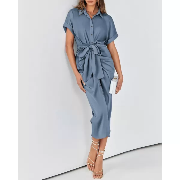 BTFBM 2024 Women Button Down Ruched Shirt Dresses Short Sleeve Lapel V Neck Elegant Party Spring Summer Maxi Satin DressShort Sleeve Grey Blue
