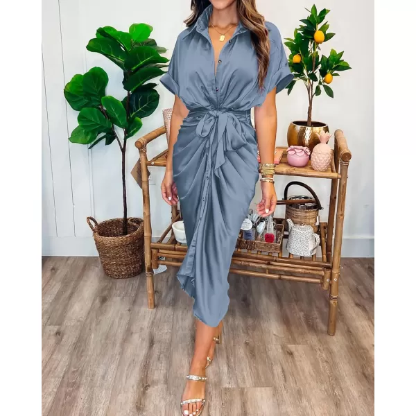 BTFBM 2024 Women Button Down Ruched Shirt Dresses Short Sleeve Lapel V Neck Elegant Party Spring Summer Maxi Satin DressShort Sleeve Grey Blue
