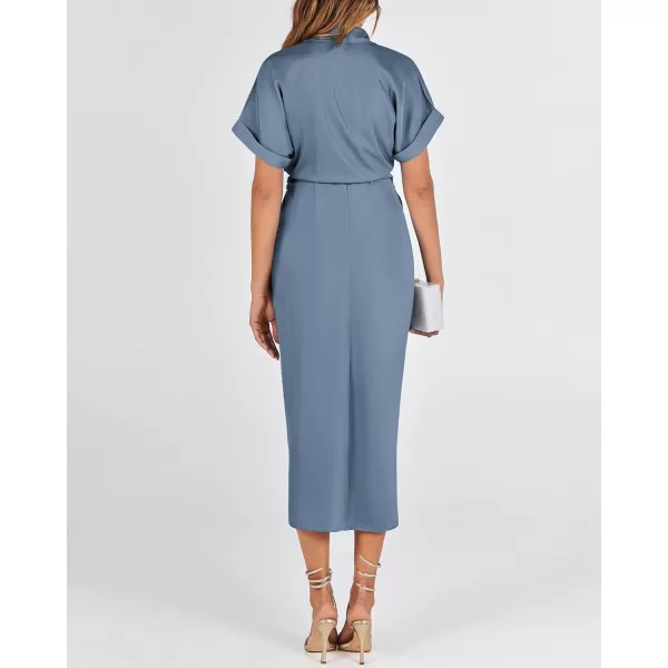 BTFBM 2024 Women Button Down Ruched Shirt Dresses Short Sleeve Lapel V Neck Elegant Party Spring Summer Maxi Satin DressShort Sleeve Grey Blue