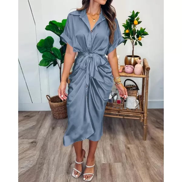 BTFBM 2024 Women Button Down Ruched Shirt Dresses Short Sleeve Lapel V Neck Elegant Party Spring Summer Maxi Satin DressShort Sleeve Grey Blue