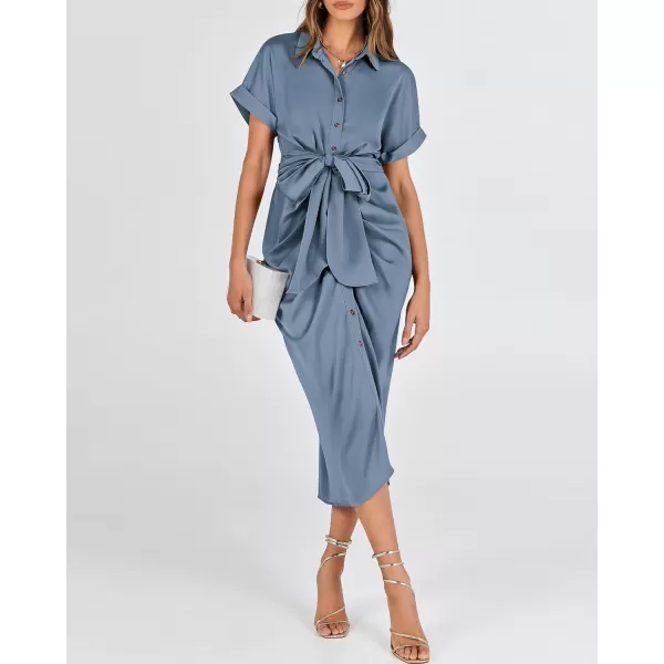 BTFBM 2024 Women Button Down Ruched Shirt Dresses Short Sleeve Lapel V Neck Elegant Party Spring Summer Maxi Satin DressShort Sleeve Grey Blue