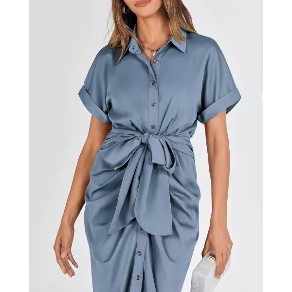 BTFBM 2024 Women Button Down Ruched Shirt Dresses Short Sleeve Lapel V Neck Elegant Party Spring Summer Maxi Satin DressShort Sleeve Grey Blue