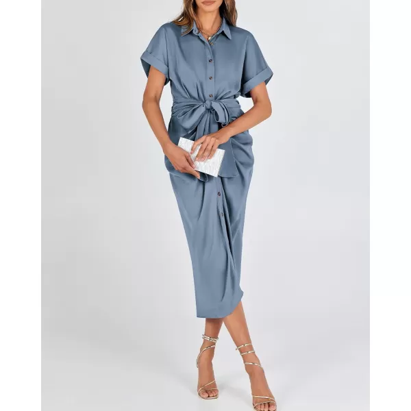 BTFBM 2024 Women Button Down Ruched Shirt Dresses Short Sleeve Lapel V Neck Elegant Party Spring Summer Maxi Satin DressShort Sleeve Grey Blue
