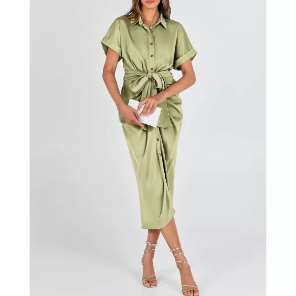 BTFBM 2024 Women Button Down Ruched Shirt Dresses Short Sleeve Lapel V Neck Elegant Party Spring Summer Maxi Satin DressShort Sleeve Light Green