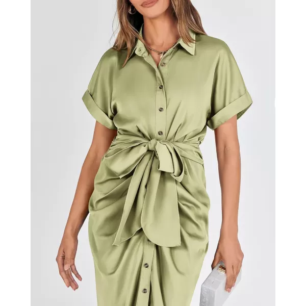 BTFBM 2024 Women Button Down Ruched Shirt Dresses Short Sleeve Lapel V Neck Elegant Party Spring Summer Maxi Satin DressShort Sleeve Light Green