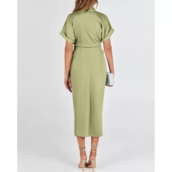 BTFBM 2024 Women Button Down Ruched Shirt Dresses Short Sleeve Lapel V Neck Elegant Party Spring Summer Maxi Satin DressShort Sleeve Light Green