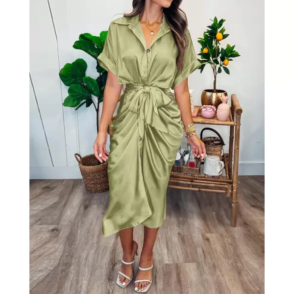 BTFBM 2024 Women Button Down Ruched Shirt Dresses Short Sleeve Lapel V Neck Elegant Party Spring Summer Maxi Satin DressShort Sleeve Light Green