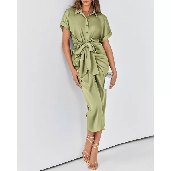 BTFBM 2024 Women Button Down Ruched Shirt Dresses Short Sleeve Lapel V Neck Elegant Party Spring Summer Maxi Satin DressShort Sleeve Light Green