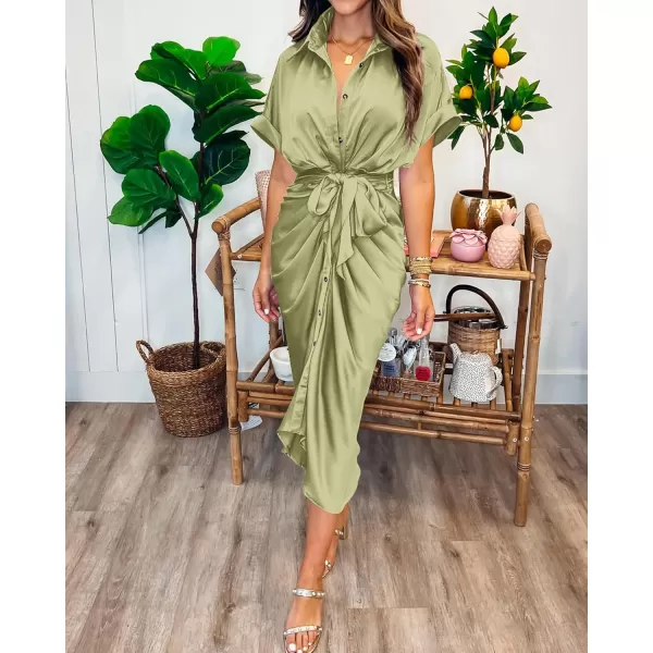 BTFBM 2024 Women Button Down Ruched Shirt Dresses Short Sleeve Lapel V Neck Elegant Party Spring Summer Maxi Satin DressShort Sleeve Light Green