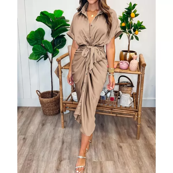 BTFBM 2024 Women Button Down Ruched Shirt Dresses Short Sleeve Lapel V Neck Elegant Party Spring Summer Maxi Satin DressShort Sleeve Light Khaki