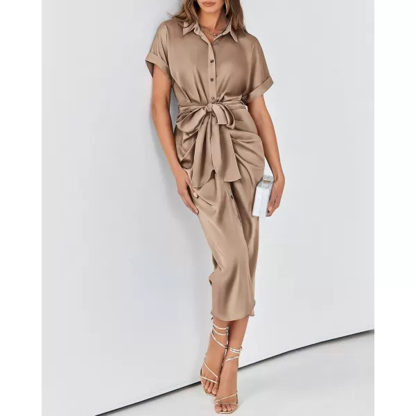BTFBM 2024 Women Button Down Ruched Shirt Dresses Short Sleeve Lapel V Neck Elegant Party Spring Summer Maxi Satin DressShort Sleeve Light Khaki