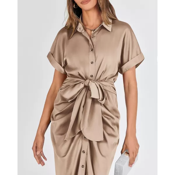 BTFBM 2024 Women Button Down Ruched Shirt Dresses Short Sleeve Lapel V Neck Elegant Party Spring Summer Maxi Satin DressShort Sleeve Light Khaki