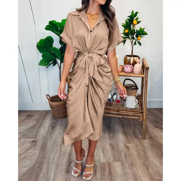 BTFBM 2024 Women Button Down Ruched Shirt Dresses Short Sleeve Lapel V Neck Elegant Party Spring Summer Maxi Satin DressShort Sleeve Light Khaki