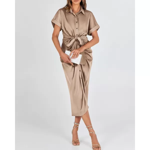 BTFBM 2024 Women Button Down Ruched Shirt Dresses Short Sleeve Lapel V Neck Elegant Party Spring Summer Maxi Satin DressShort Sleeve Light Khaki