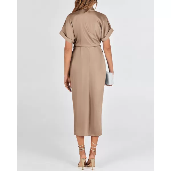 BTFBM 2024 Women Button Down Ruched Shirt Dresses Short Sleeve Lapel V Neck Elegant Party Spring Summer Maxi Satin DressShort Sleeve Light Khaki