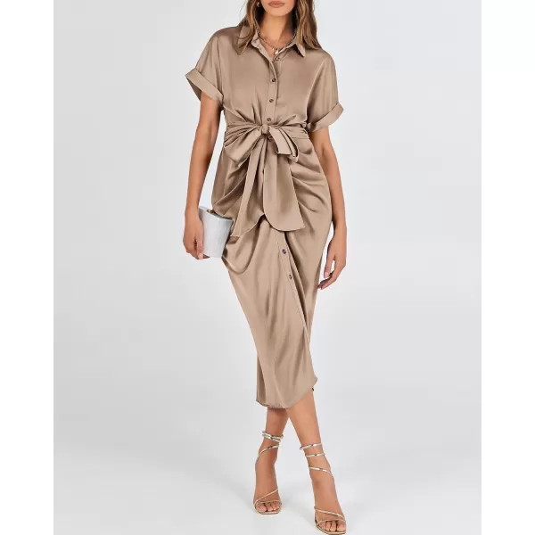 BTFBM 2024 Women Button Down Ruched Shirt Dresses Short Sleeve Lapel V Neck Elegant Party Spring Summer Maxi Satin DressShort Sleeve Light Khaki