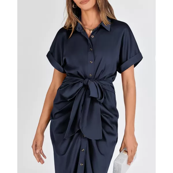 BTFBM 2024 Women Button Down Ruched Shirt Dresses Short Sleeve Lapel V Neck Elegant Party Spring Summer Maxi Satin DressShort Sleeve Navy