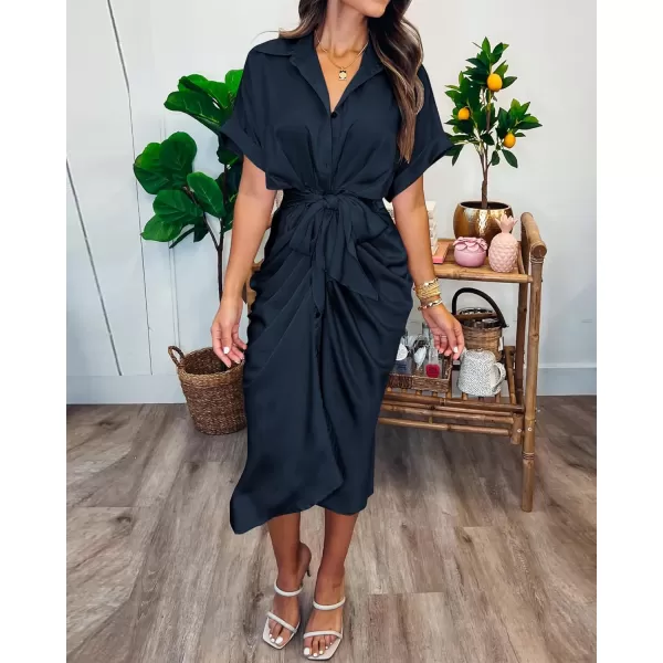 BTFBM 2024 Women Button Down Ruched Shirt Dresses Short Sleeve Lapel V Neck Elegant Party Spring Summer Maxi Satin DressShort Sleeve Navy