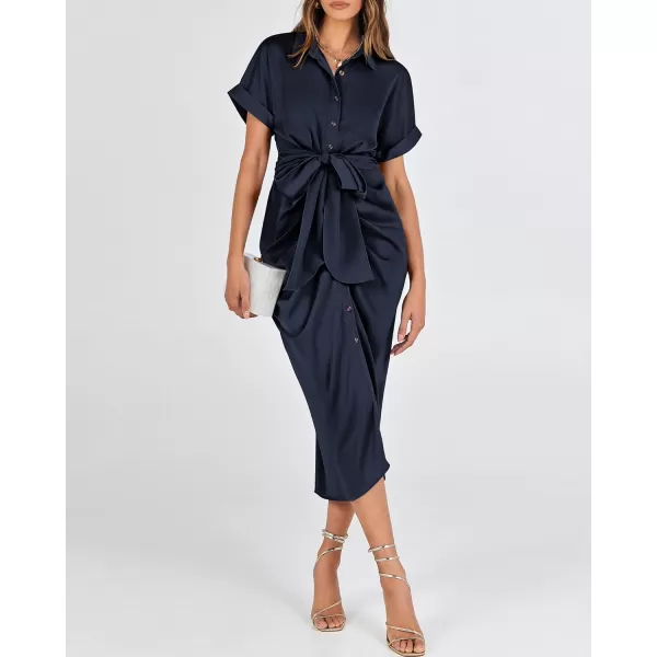 BTFBM 2024 Women Button Down Ruched Shirt Dresses Short Sleeve Lapel V Neck Elegant Party Spring Summer Maxi Satin DressShort Sleeve Navy