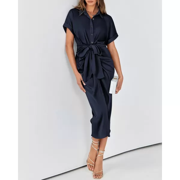 BTFBM 2024 Women Button Down Ruched Shirt Dresses Short Sleeve Lapel V Neck Elegant Party Spring Summer Maxi Satin DressShort Sleeve Navy
