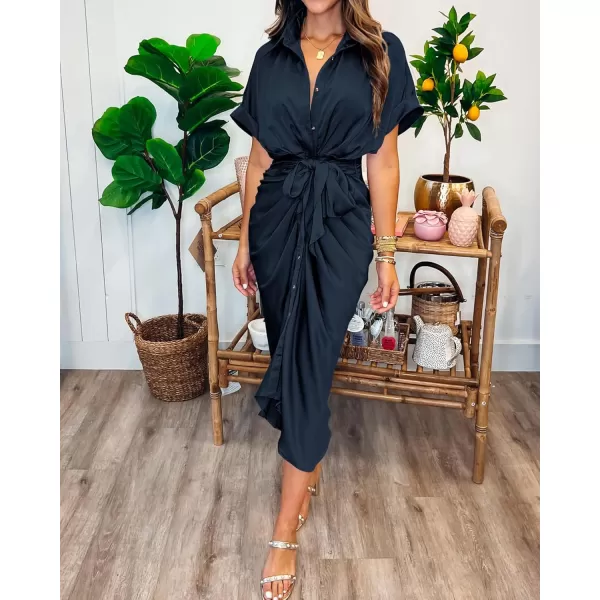 BTFBM 2024 Women Button Down Ruched Shirt Dresses Short Sleeve Lapel V Neck Elegant Party Spring Summer Maxi Satin DressShort Sleeve Navy