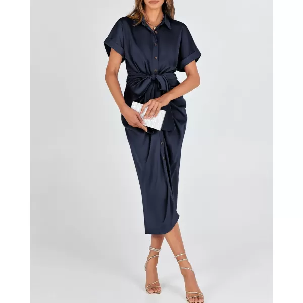BTFBM 2024 Women Button Down Ruched Shirt Dresses Short Sleeve Lapel V Neck Elegant Party Spring Summer Maxi Satin DressShort Sleeve Navy