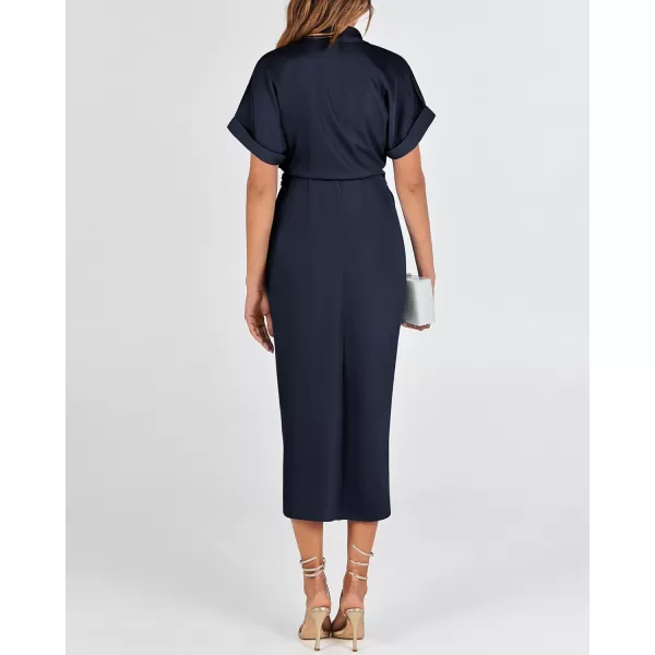 BTFBM 2024 Women Button Down Ruched Shirt Dresses Short Sleeve Lapel V Neck Elegant Party Spring Summer Maxi Satin DressShort Sleeve Navy
