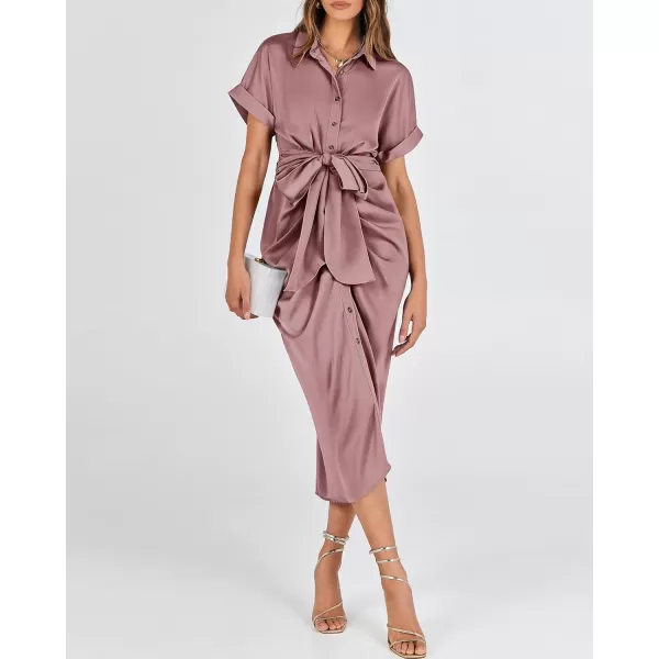 BTFBM 2024 Women Button Down Ruched Shirt Dresses Short Sleeve Lapel V Neck Elegant Party Spring Summer Maxi Satin DressShort Sleeve Pink