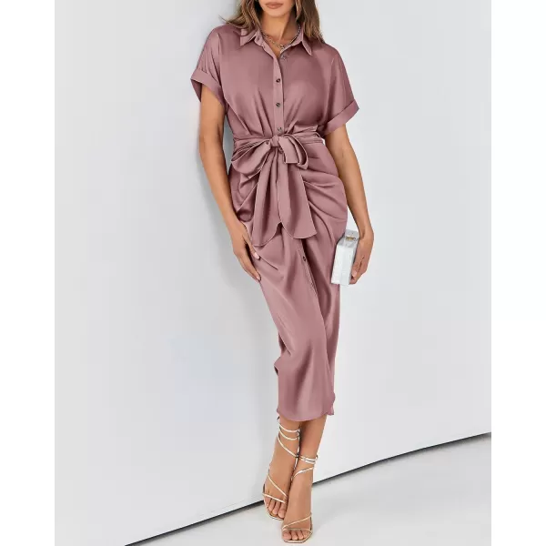 BTFBM 2024 Women Button Down Ruched Shirt Dresses Short Sleeve Lapel V Neck Elegant Party Spring Summer Maxi Satin DressShort Sleeve Pink