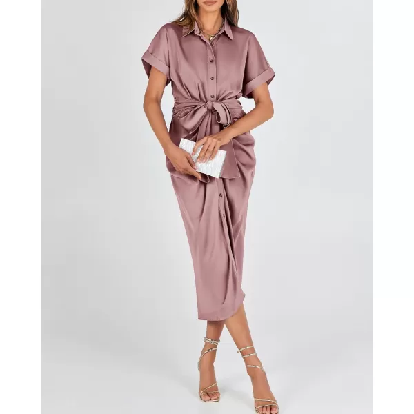 BTFBM 2024 Women Button Down Ruched Shirt Dresses Short Sleeve Lapel V Neck Elegant Party Spring Summer Maxi Satin DressShort Sleeve Pink