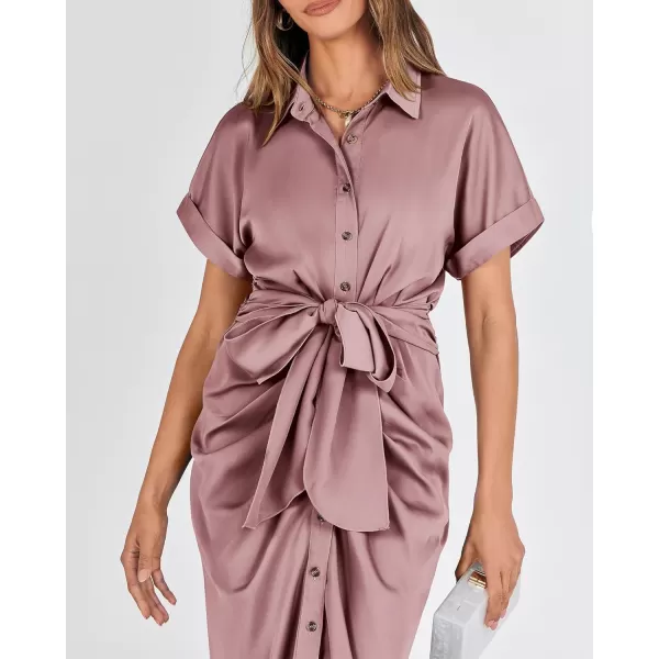 BTFBM 2024 Women Button Down Ruched Shirt Dresses Short Sleeve Lapel V Neck Elegant Party Spring Summer Maxi Satin DressShort Sleeve Pink