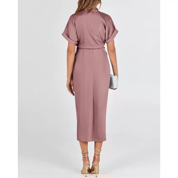 BTFBM 2024 Women Button Down Ruched Shirt Dresses Short Sleeve Lapel V Neck Elegant Party Spring Summer Maxi Satin DressShort Sleeve Pink