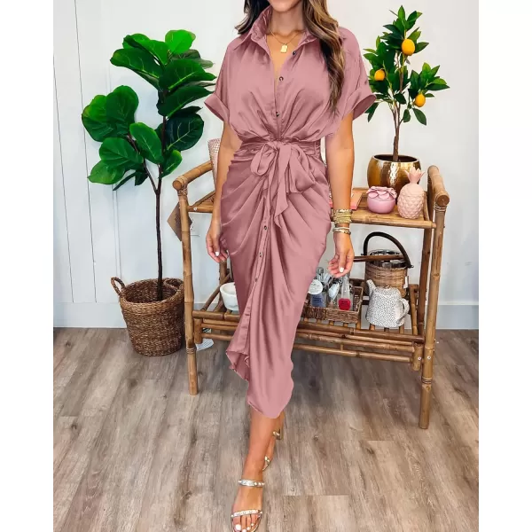 BTFBM 2024 Women Button Down Ruched Shirt Dresses Short Sleeve Lapel V Neck Elegant Party Spring Summer Maxi Satin DressShort Sleeve Pink