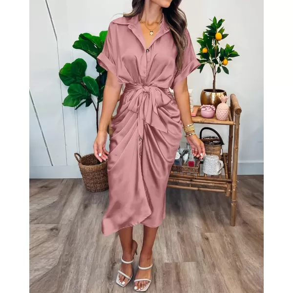 BTFBM 2024 Women Button Down Ruched Shirt Dresses Short Sleeve Lapel V Neck Elegant Party Spring Summer Maxi Satin DressShort Sleeve Pink
