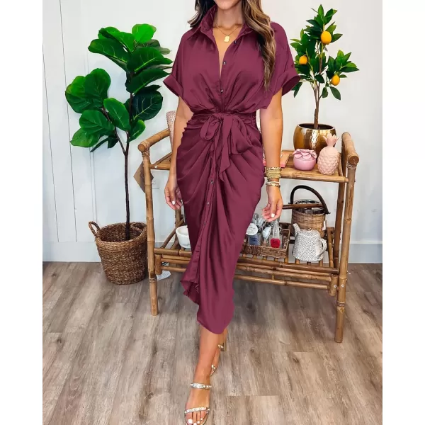 BTFBM 2024 Women Button Down Ruched Shirt Dresses Short Sleeve Lapel V Neck Elegant Party Spring Summer Maxi Satin DressShort Sleeve Purple Red