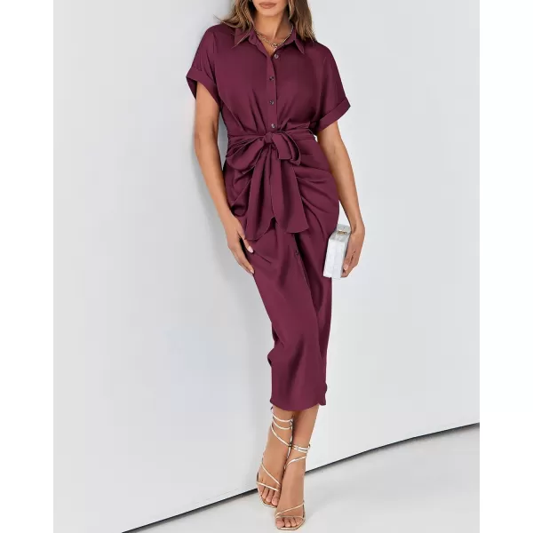 BTFBM 2024 Women Button Down Ruched Shirt Dresses Short Sleeve Lapel V Neck Elegant Party Spring Summer Maxi Satin DressShort Sleeve Purple Red