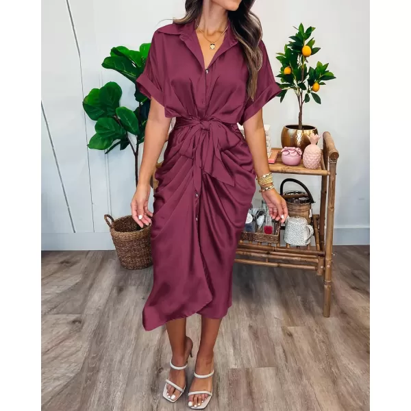 BTFBM 2024 Women Button Down Ruched Shirt Dresses Short Sleeve Lapel V Neck Elegant Party Spring Summer Maxi Satin DressShort Sleeve Purple Red