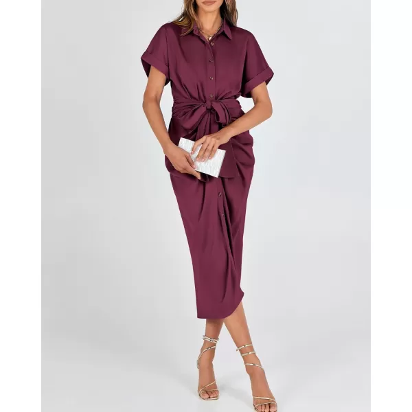 BTFBM 2024 Women Button Down Ruched Shirt Dresses Short Sleeve Lapel V Neck Elegant Party Spring Summer Maxi Satin DressShort Sleeve Purple Red