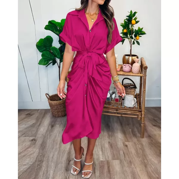 BTFBM 2024 Women Button Down Ruched Shirt Dresses Short Sleeve Lapel V Neck Elegant Party Spring Summer Maxi Satin DressShort Sleeve Rose Red
